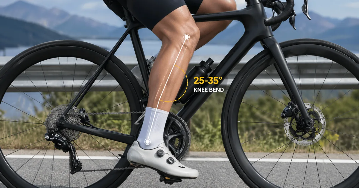 Cyclist's leg at the bottom of the pedal stroke showing the near-full leg extension used to set saddle height