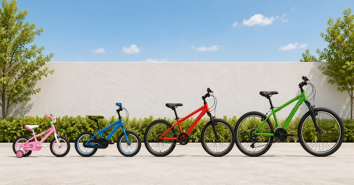 Kids bikes lined up showing 16-inch, 20-inch, and 24-inch wheel sizes