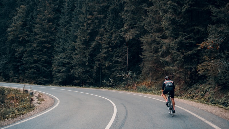 Cyclist riding through varied mountain terrain