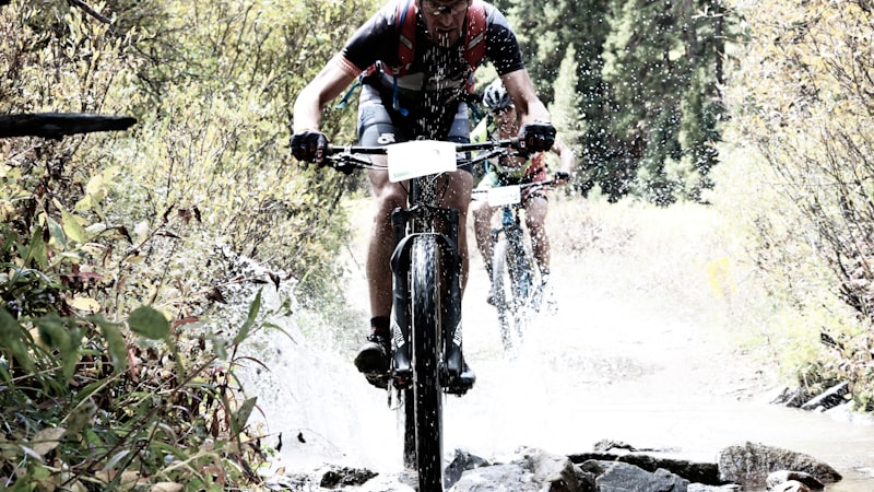 Mountain biker riding through a forest trail