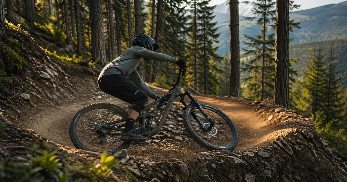 Mountain biker riding through a forest trail