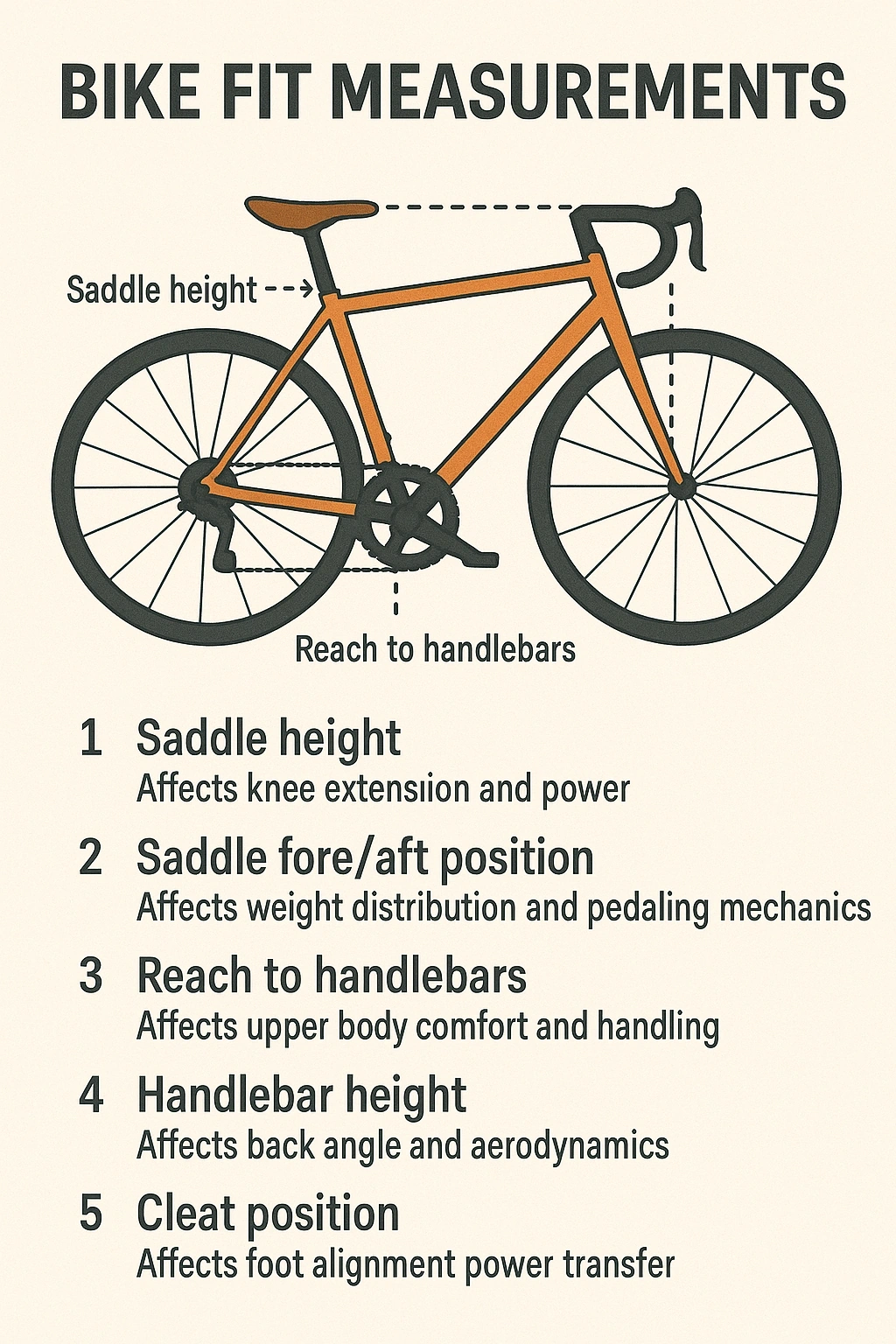 Bike fit measurements diagram showing saddle height, reach, handlebar height, and cleat position