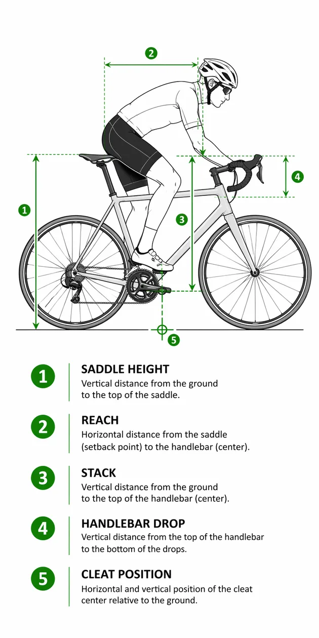 Bike fit measurements diagram showing saddle height, reach, handlebar height, and cleat position