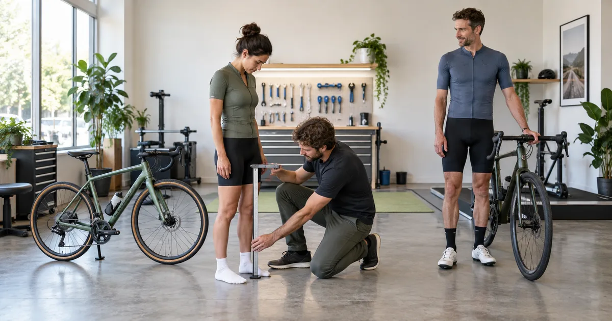 Bike fitter measuring a cyclist beside a bicycle in a bright fitting studio