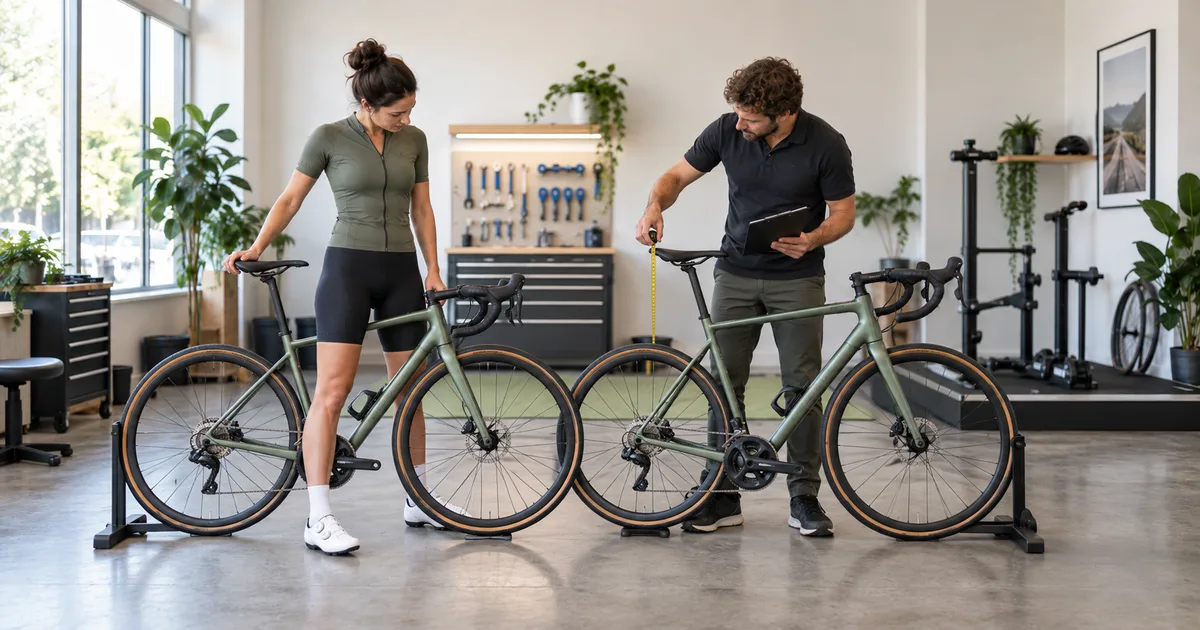 Cyclist and bike fitter comparing two adjacent-size road bikes in a workshop