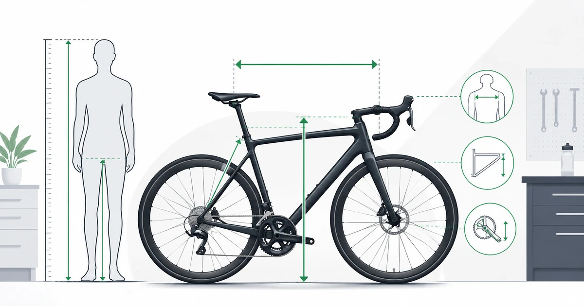 Illustration of a bike fitting studio with a road bike, inseam ruler, and frame-size measurement guides
