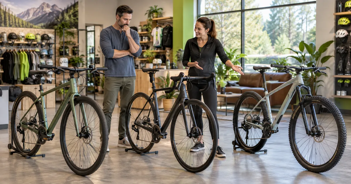 Beginner cyclist comparing road, hybrid, and mountain bikes with a shop employee