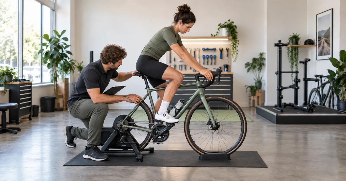 Bike fitter checking a cyclist riding a road bike on an indoor trainer
