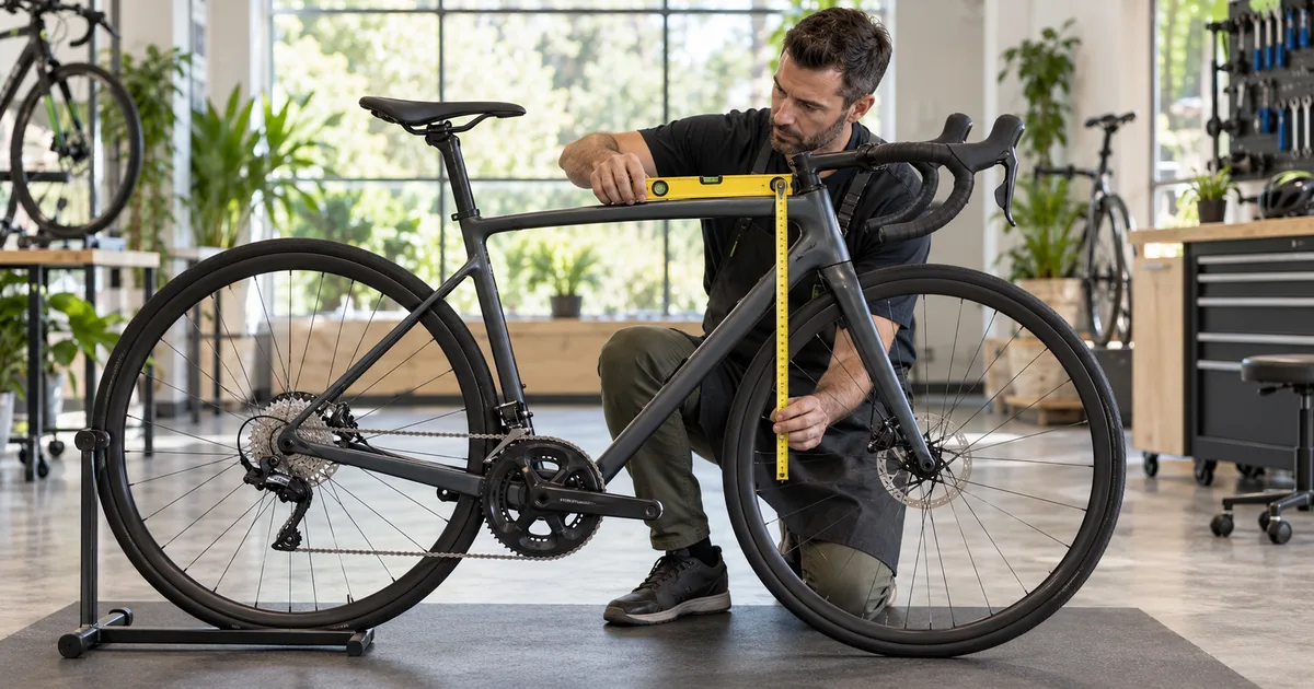 Mechanic measuring a road bicycle frame with a spirit level and tape measure