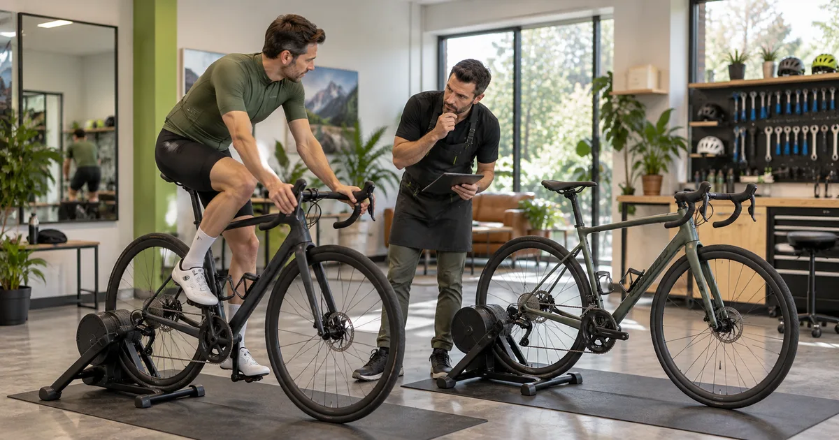 Cyclist and bike fitter comparing two road bike sizes on indoor trainers