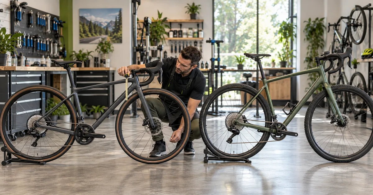 Mechanic comparing two bicycles with visibly different frame geometry